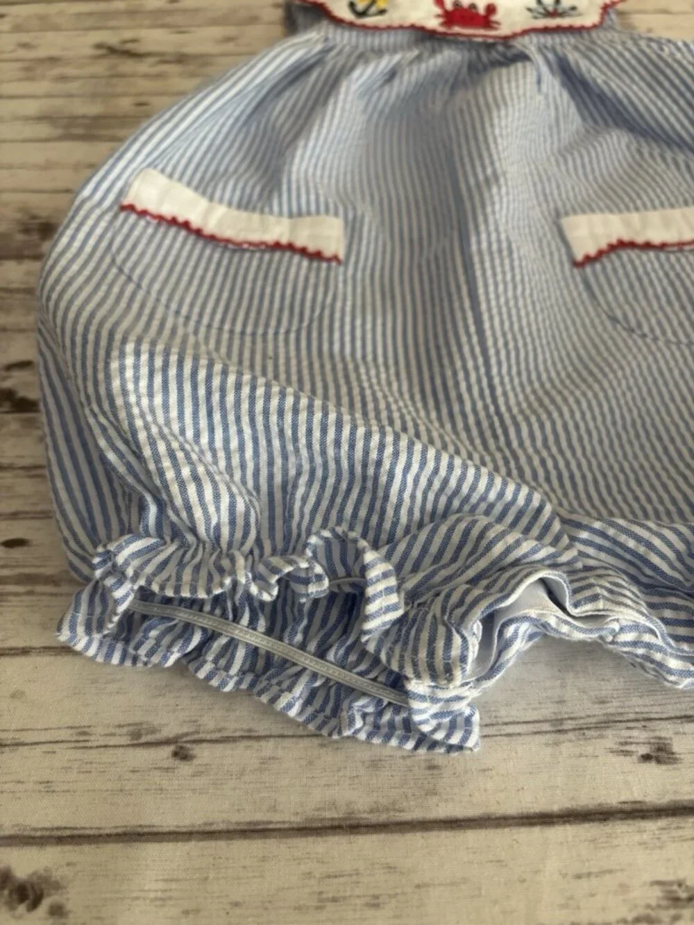 Good Lad 12 Month Blue White Striped Cotton Romper Crab Anchor Embroidered Beach
